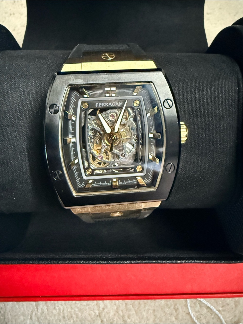 Salvatore Ferragamo Black and Gold Skeleton Dial Men's Watch